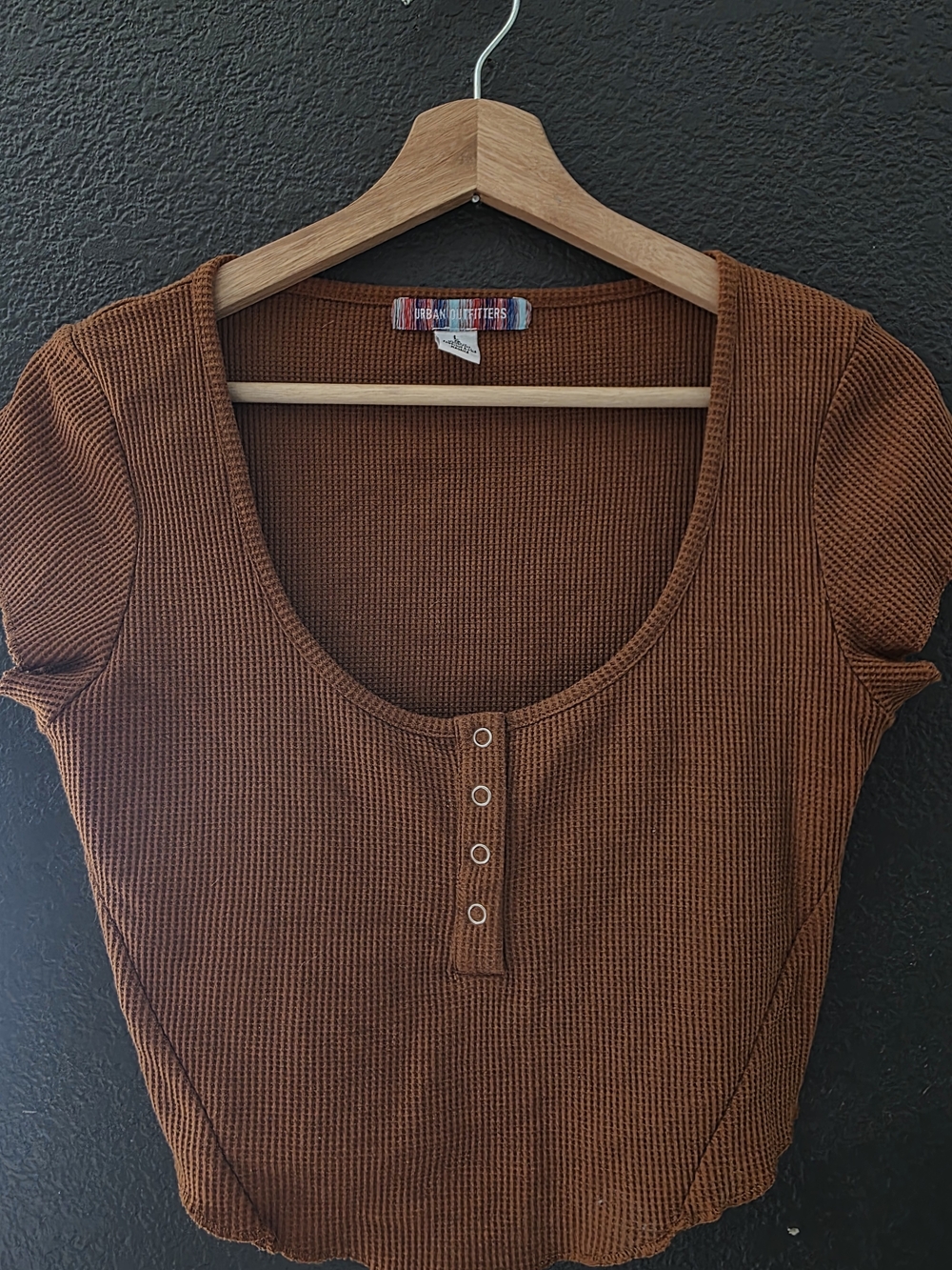 Urban Outfitters Rust Brown Ribbed Scoop-Neck Button Tee